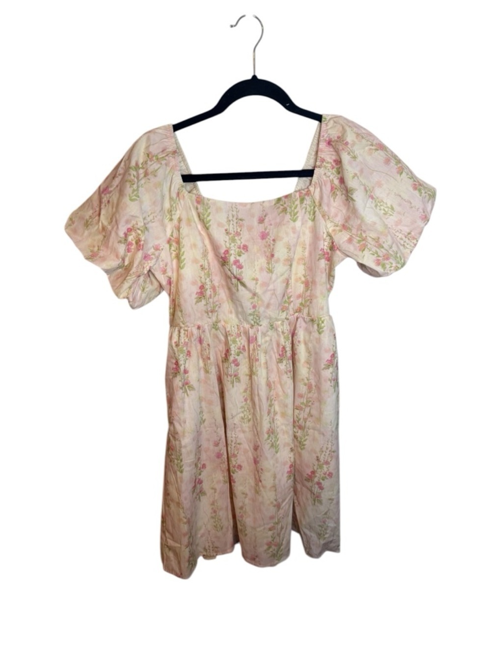 Pink & Cream Floral Cottagecore Puff Sleeve Square Neck Tie Back Mini Dress